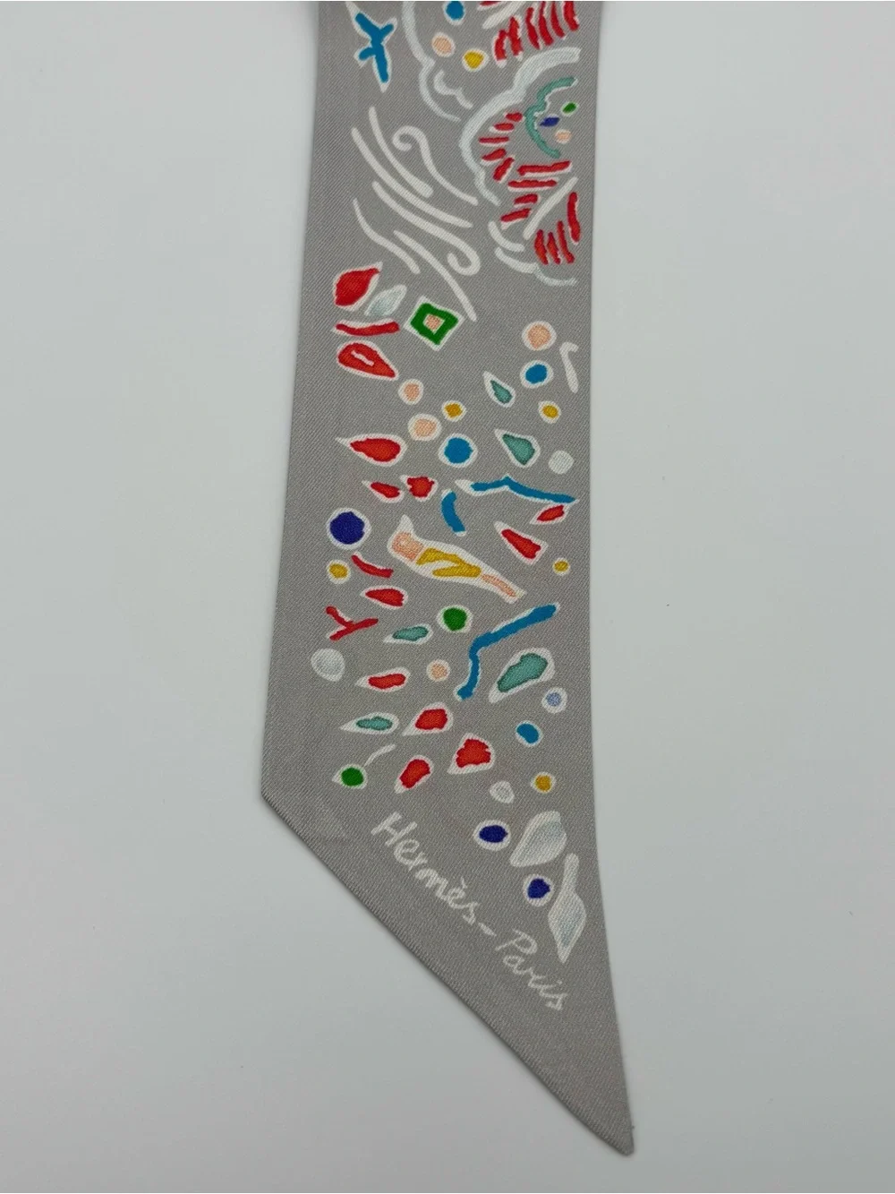 Hermes Isola Di Primavera Twilly Scarf Gris Perle Grenadine Multicolor - Picture 4 of 6